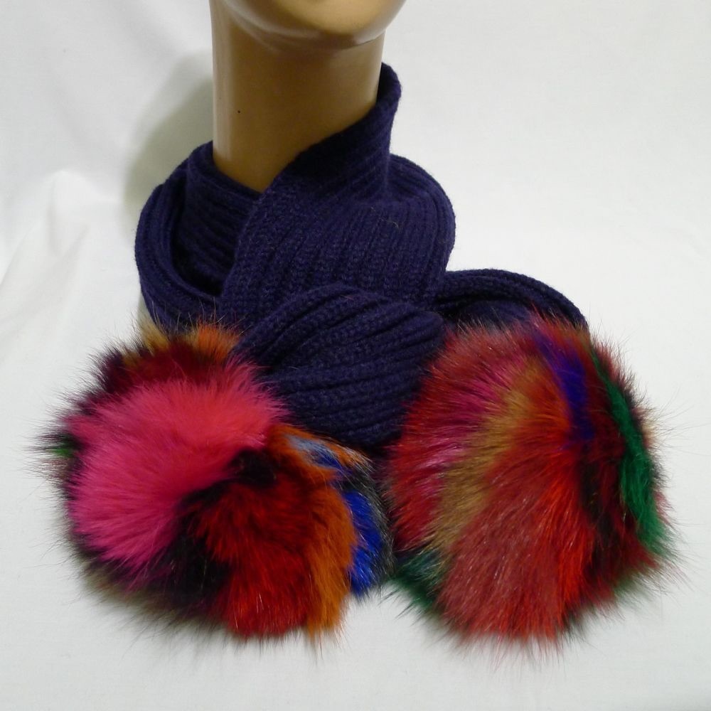 Jocelyn Knit Scarf Multi-Color Dyed Pom Pom